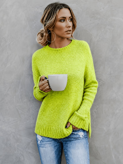 Women'S Casual Commuter Style Retro All-Match Short Front Long Back Slit Round Neck Long Sleeve Sweater Pullover