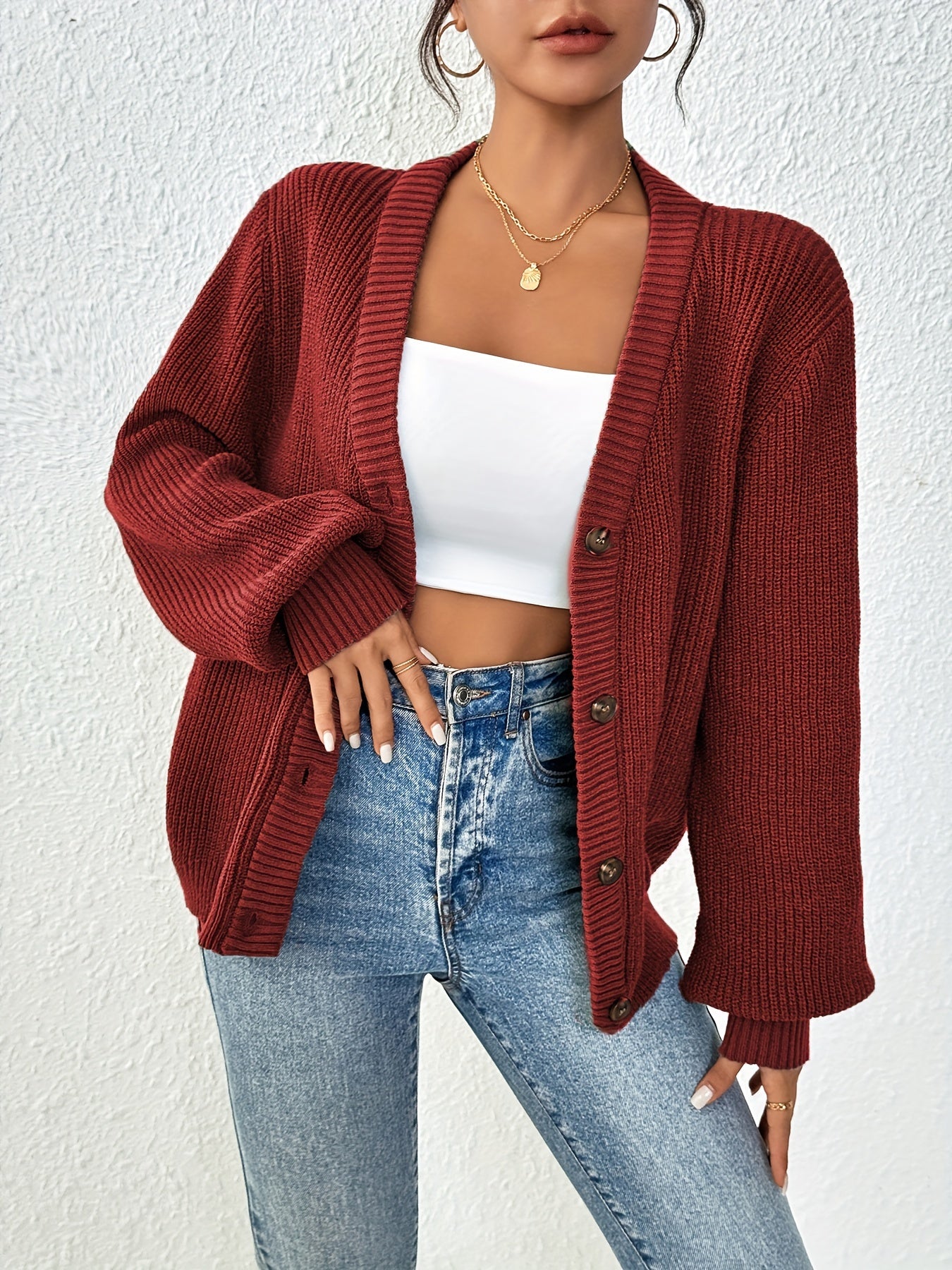 Self-designed Elegant Women's Solid Color Front-button Cardigan Sweater Coat for Spring and Autumn