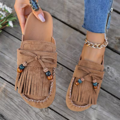 Stylish Mules for Women with Fringe Tassel Beaded Suede Slip On Moccasin Style