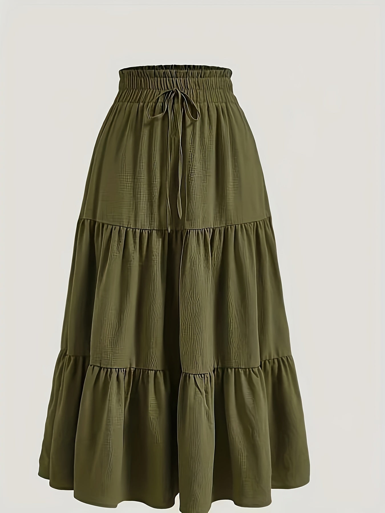 Women's Olive Green Pleated Midi Skirt - Lightweight Adjustable Drawstring Waist, Hand Washable Spring/Summer Elegant Solid Color Skirt for Casual & Formal Outfits, Casual Attire, Nontransparent Fabric, Spring Fashion, Classic Style, Breathable Material,