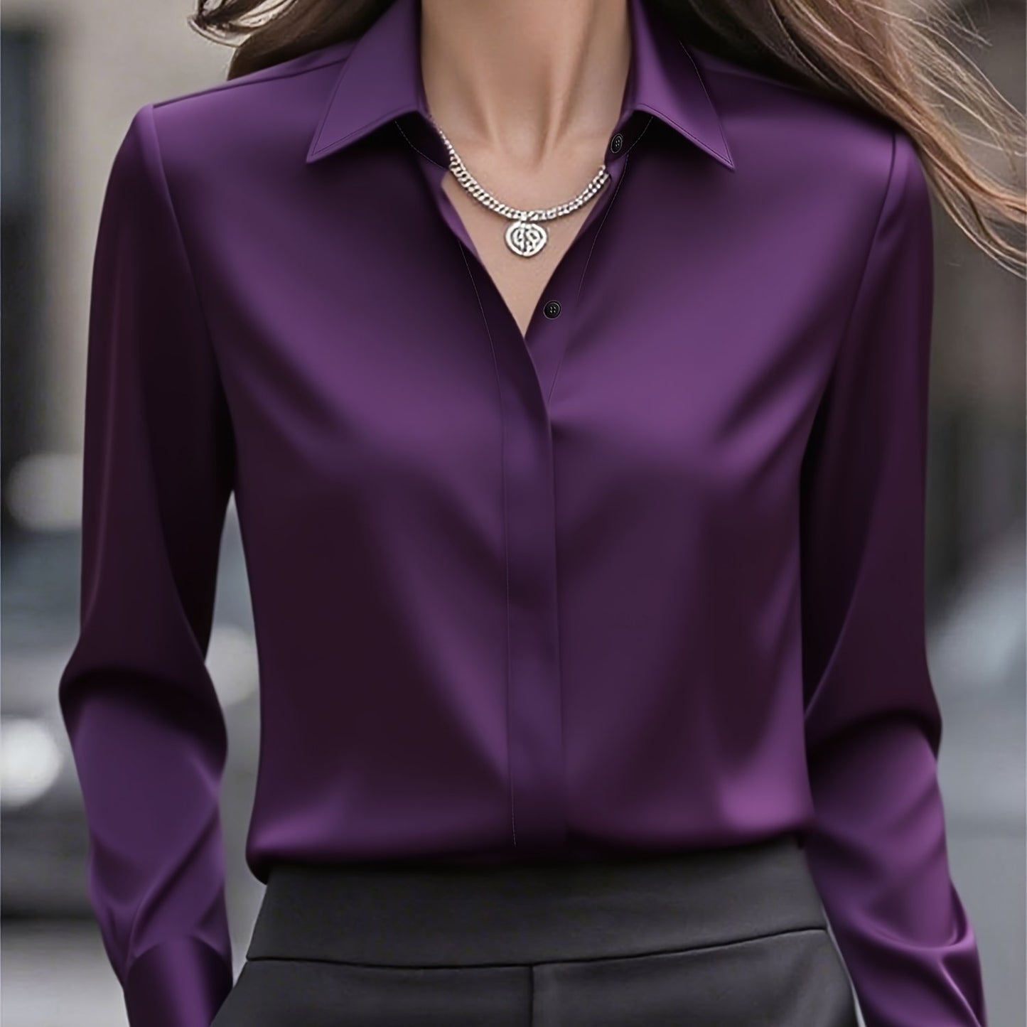 New Middle Eastern Women's Long-Sleeve Fashionable Commuter Design with Hidden Button Front Placket Inner Shirt