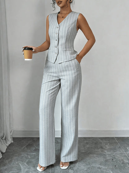 Vertical Stripe Design Set: V-neck Sleeveless Vest with Pockets + High-waist Wide-leg Pants. A Professional and 2pcs Set for Women, Suitable for Both Work and Casual Daily Wear.