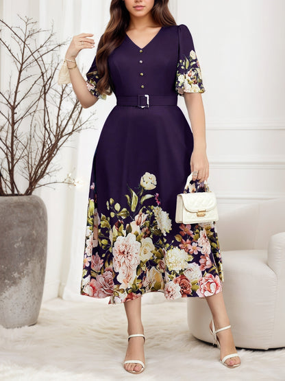 Plus Size, Plus Size Women's Spring/Summer Floral Print Elegant High-Waisted V-Neck Short Sleeve Dress