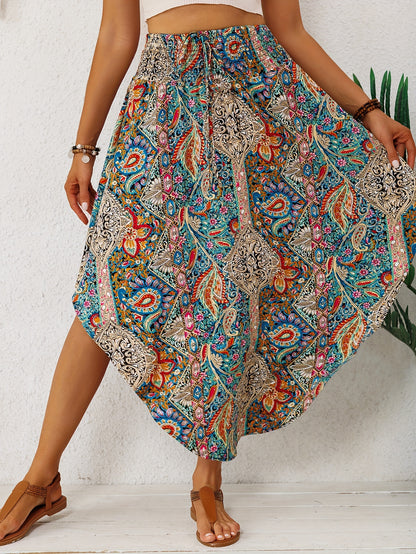 2026 Spring/Summer Bohemian Print Midi Skirt for Women, Elastic High Waist, Irregular Curved Hem, Flared Midi Dress, Vintage Ethnic Style, Vacation, Flowy, Beach, Casual Skirt