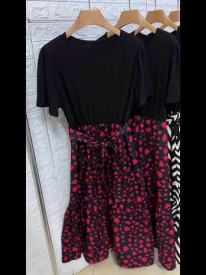 Plus Size Summer Dress, Round Neck, Puff Short Sleeves, Ruffled Hem, Plus Size Geometric Print Dress with Belt, Flowy Summer Vacation Dress, Cinched Waist Slim Fit Mid-Length Fashion Dress