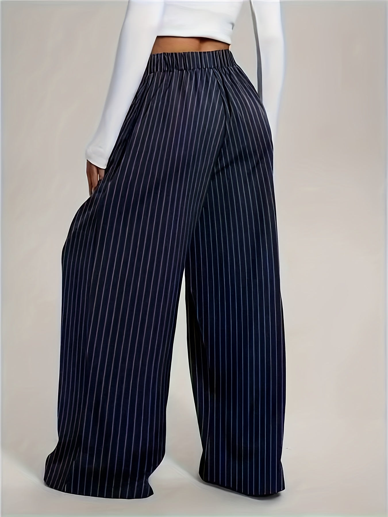 Women's Harem Pants, Fashion Striped Loose Wide-Leg Trousers with Vertical Pleats and Pocket Design, High-Waisted Full-Length Structured Non-Stretch Fabric, Suitable for All Seasons Professional and Semi-Formal Wear, Elegant Special