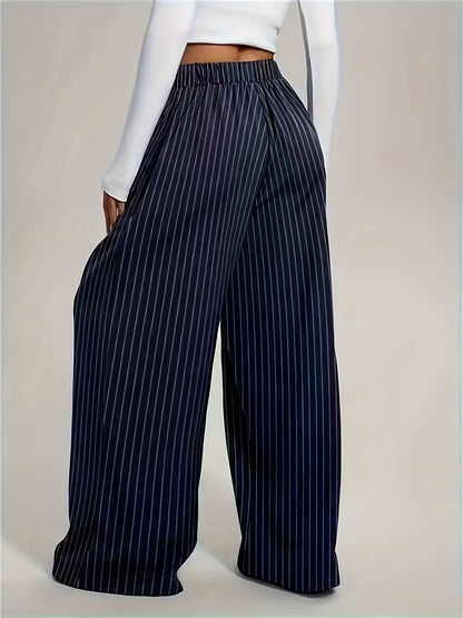 Women's Harem Pants, Fashion Striped Loose Wide-Leg Trousers with Vertical Pleats and Pocket Design, High-Waisted Full-Length Structured Non-Stretch Fabric, Suitable for All Seasons Professional and Semi-Formal Wear, Elegant Special