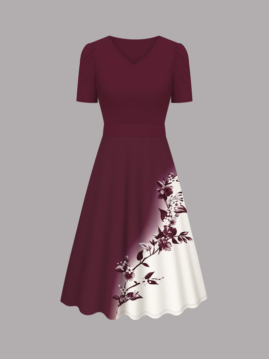 Women's Dress, Floral Print V-neck Short-sleeved Dress, Elegant and Fashionable, Suitable for Home, Dating Parties, Travel and Vacation Wear