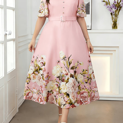 Plus Size, Plus Size Women's Spring/Summer Floral Print Elegant High-Waisted V-Neck Short Sleeve Dress