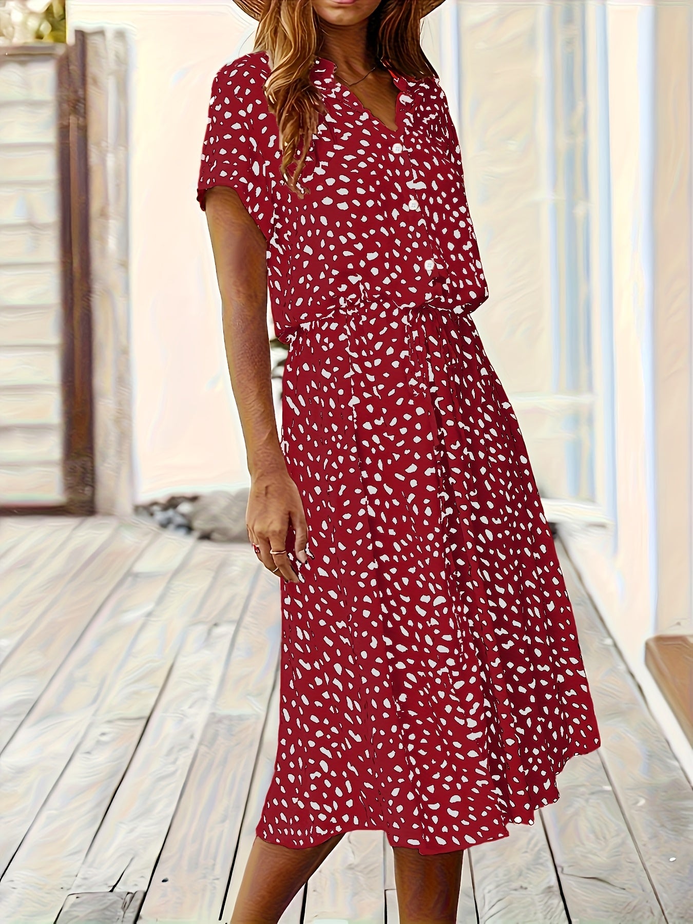New Spring/Summer Printed Stud Button Decorated Shirt-Style Elegant Dress for Women