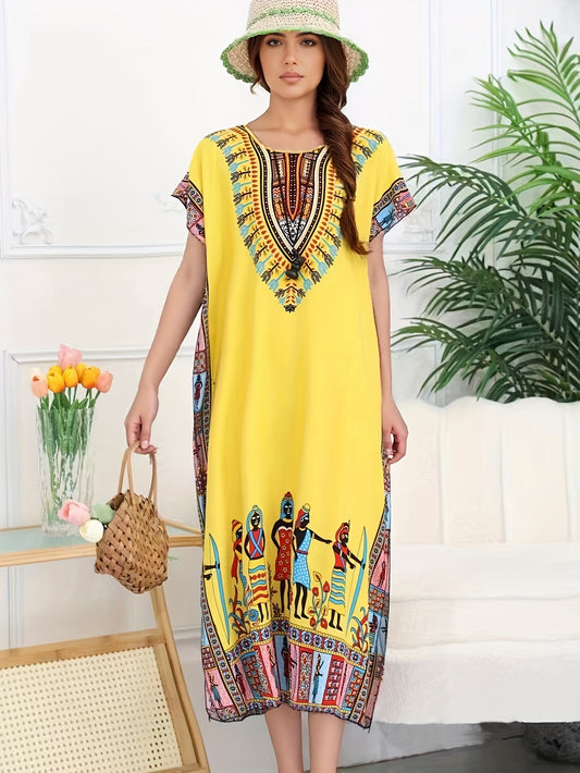 Effortless Tribal Print Kaftan Dress for Women with V Neck Short Sleeve Relaxed Flowing Bohemian Style