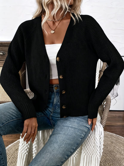 Elegant Sweater Top, V-Neck Cardigan, Chest Button Design, Short Length, Clothing