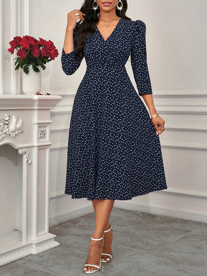 2026 New Valentine's Day, New Year Party, Suitable for Daily Work Wear, Suitable for All Seasons Elegant Fashion Versatile Daily Date V-Neck 3/4 Sleeve Waist Flared Long Red and Blue Women's Elegant Dress, Women's Polka Dot Small Heart Print Dress