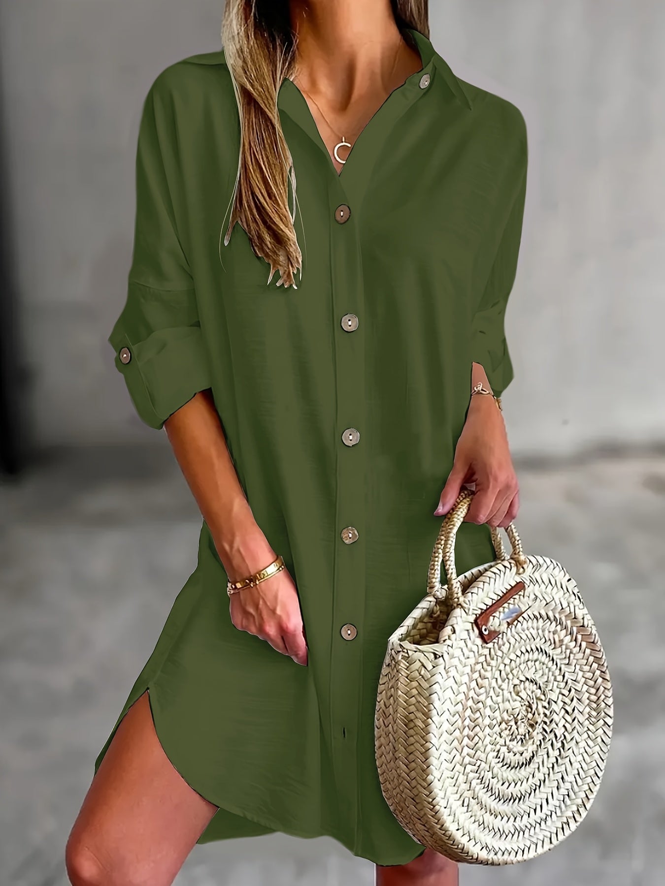 Chic Women's Long Sleeve Button-Up Shirt Dress - Casual Solid Color with Collar, Breathable Polyester, Perfect for Spring & Fall, Machine Washable