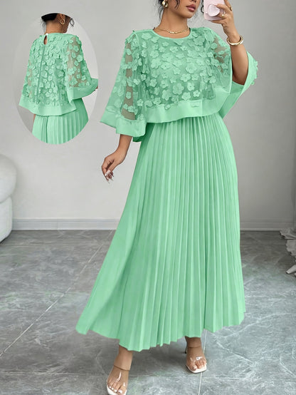 Elegant Floral Applique Two Piece Set for Women with Round Neck Flutter Sleeve Pleated Maxi Skirt Formal Style