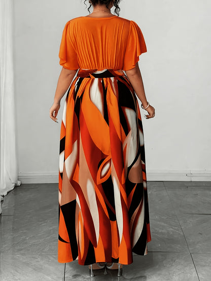 Elegant Orange Abstract Print Maxi Dress for Women with V Neck Flutter Sleeve Cutout Waist Flowing Style