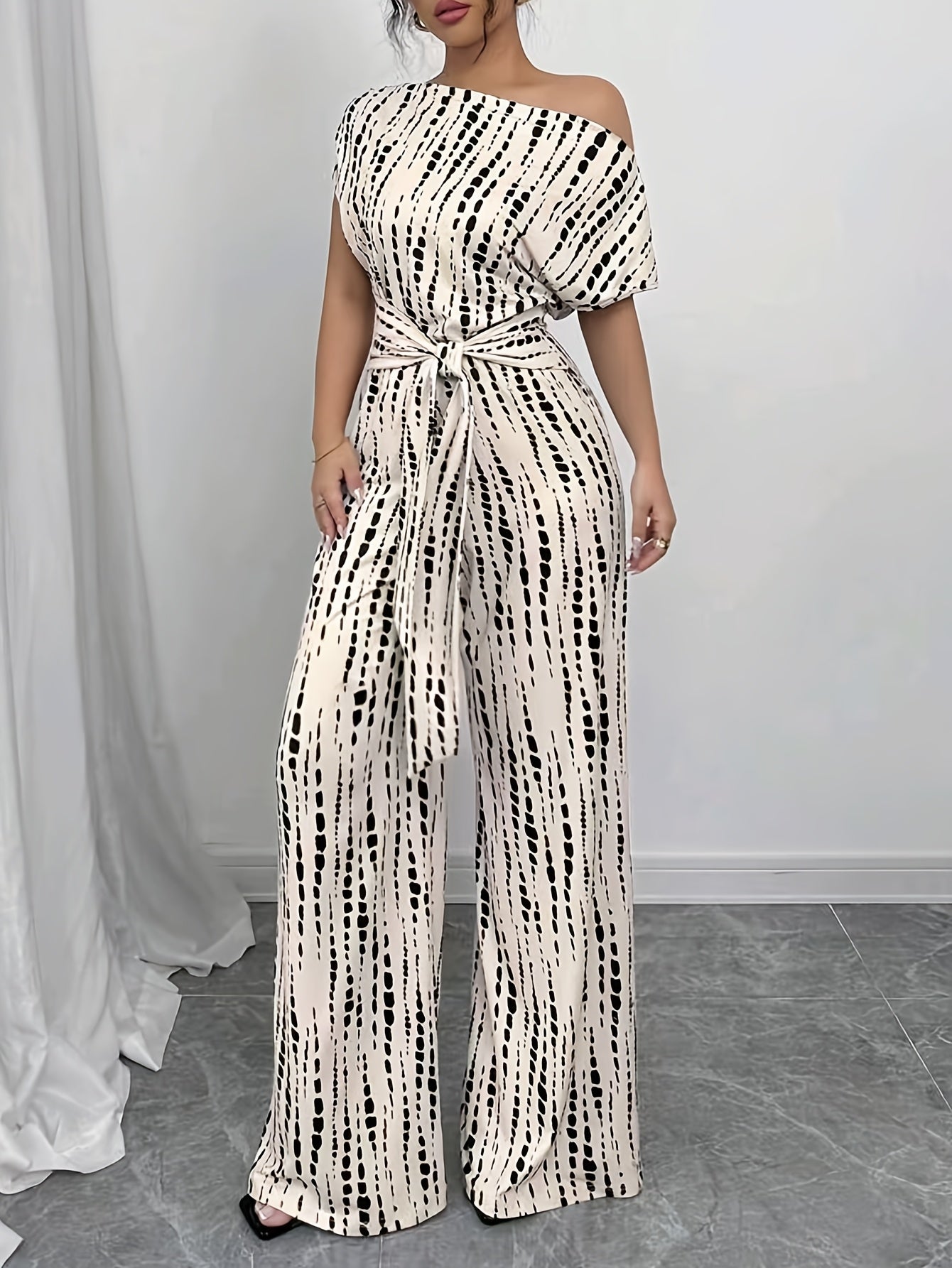 Wide-leg Jumpsuit, High-waisted Summer Women's Tie-up Printed Commuting Jumpsuit