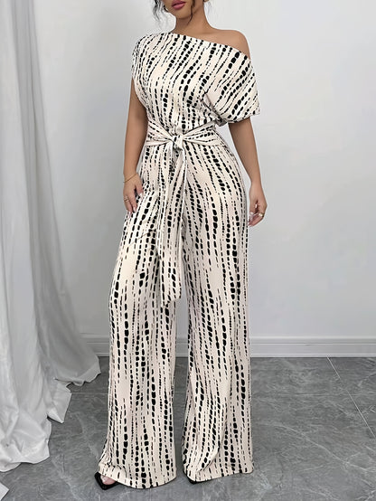 Wide-leg Jumpsuit, High-waisted Summer Women's Tie-up Printed Commuting Jumpsuit