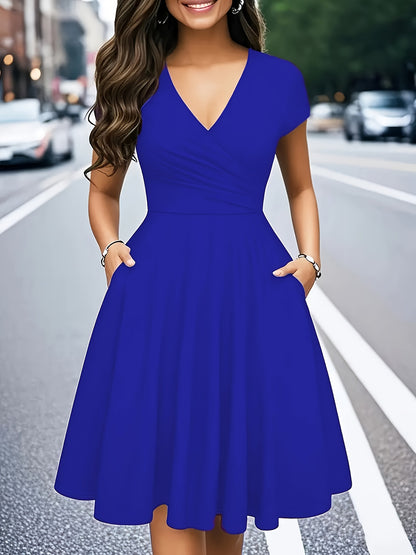 -Border Women'S Dress, Solid V-Neck Pocket A-Line Elegant