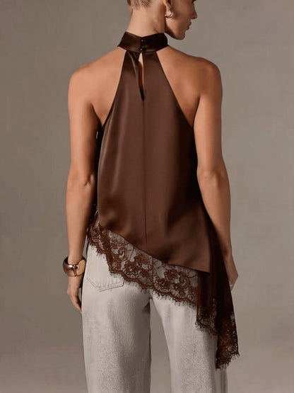 Halter Vest, Directional Style Elegant Temperament Top, Irregular Patchwork Lace Neckline