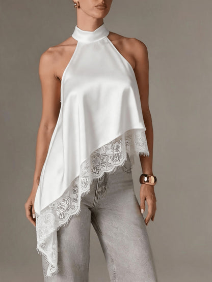 Halter Vest, Directional Style Elegant Temperament Top, Irregular Patchwork Lace Neckline