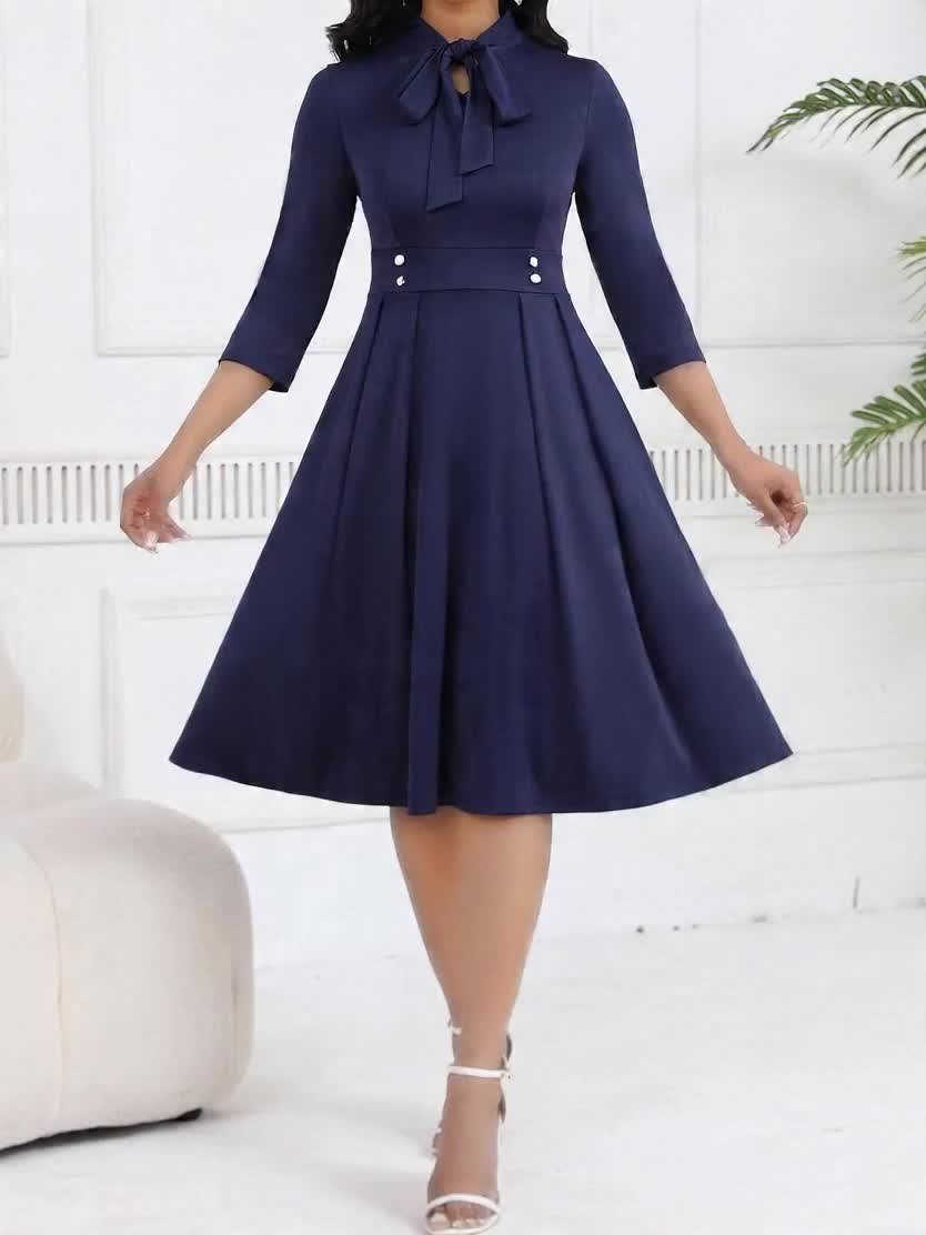 Spring/Autumn Women's Dress with Tie Waist, Elegant and Sophisticated, Business Workplace, Tie-Neck Navy Blue Midi Dress HRYY116