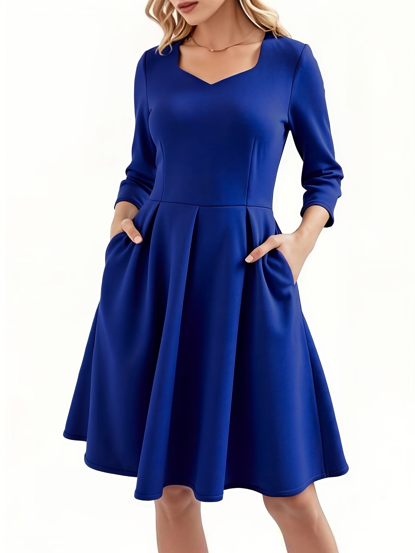 Elegant Women's Navy Blue Dress, Waist-Cinching Flared Skirt, Square Neck, Solid Color, Pocket Details, Perfect for Spring/Fall, Ideal for Daily Commute and Work Meetings