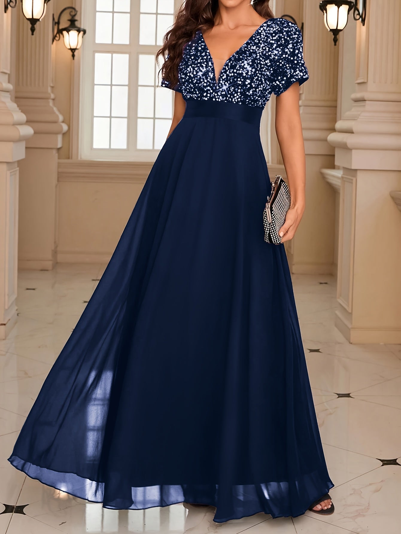 Sequin Spliced Formal Dress Elegant Prom Wedding Guest Gown, Contrast Sequin Chiffon Formal Dress, V-Neck Short Sleeve Sequin Patchwork Slim Fit Long Dress for Graduation Dress, Bride Dress, Birthday Women Outfits, Party Dress, Evening