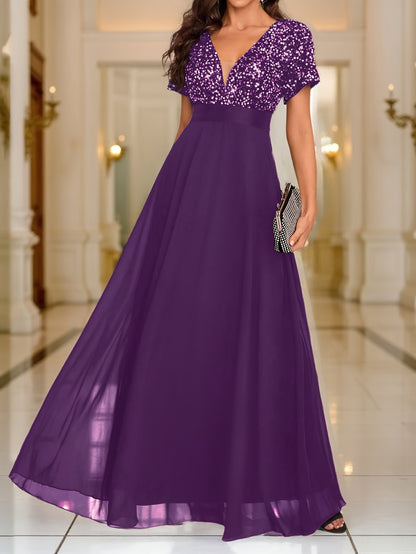 Sequin Spliced Formal Dress Elegant Prom Wedding Guest Gown, Contrast Sequin Chiffon Formal Dress, V-Neck Short Sleeve Sequin Patchwork Slim Fit Long Dress for Graduation Dress, Bride Dress, Birthday Women Outfits, Party Dress, Evening