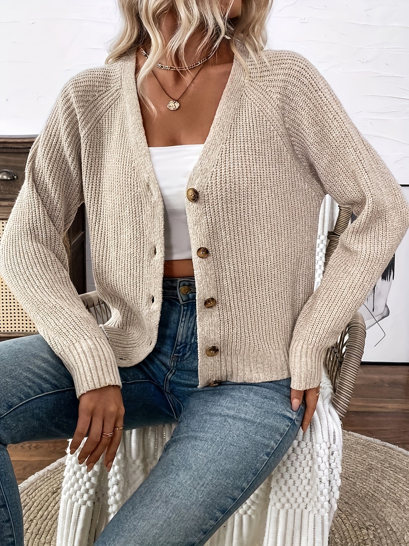 Elegant Sweater Top, V-Neck Cardigan, Chest Button Design, Short Length, Clothing