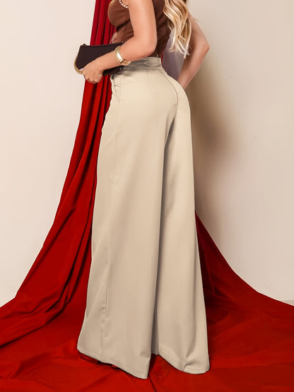 New Fashionable Solid Color Pocket Women's Casual High-Waist Notched Waistband Versatile Straight-Leg Pants, Accessories Not Included