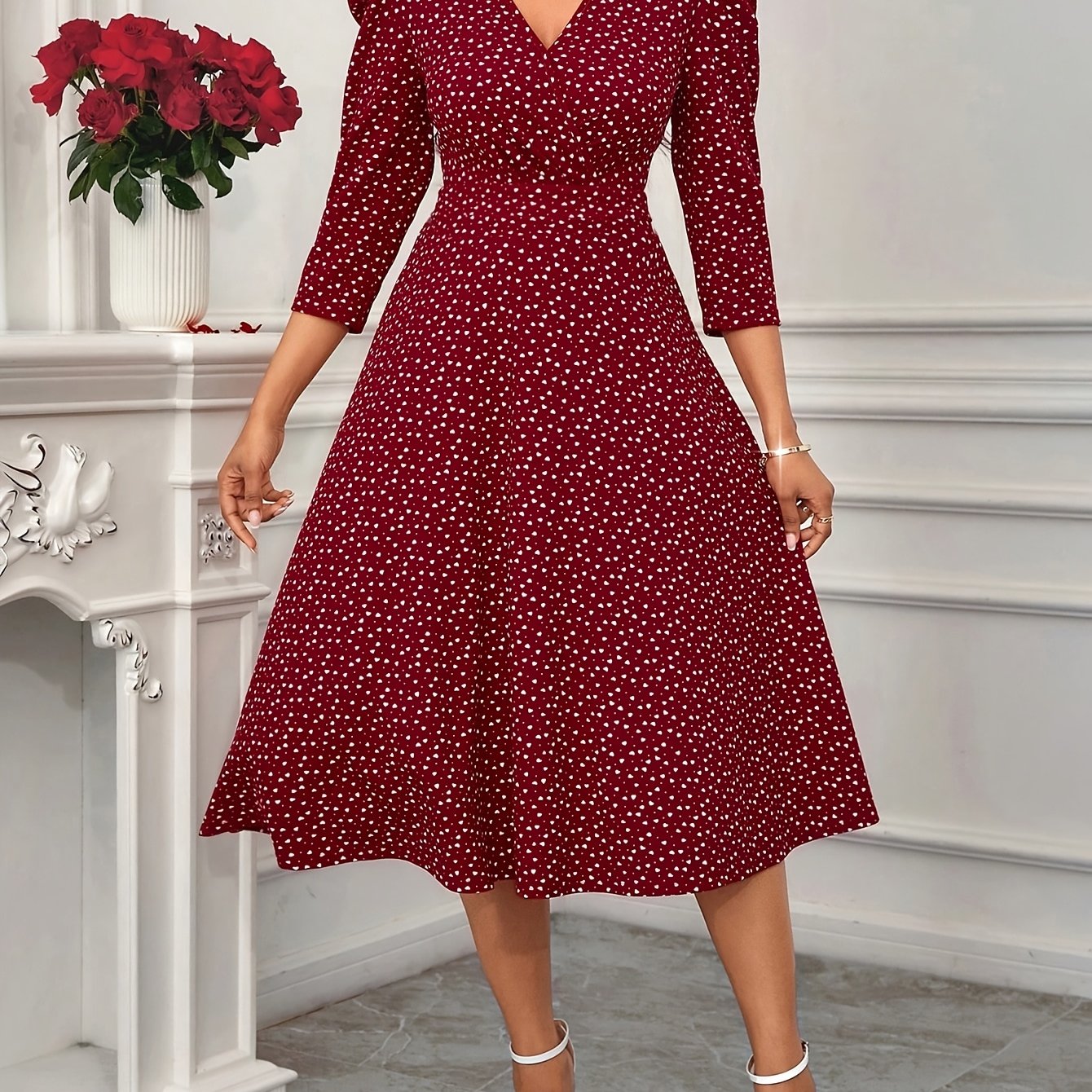 2026 New Valentine's Day, New Year Party, Suitable for Daily Work Wear, Suitable for All Seasons Elegant Fashion Versatile Daily Date V-Neck 3/4 Sleeve Waist Flared Long Red and Blue Women's Elegant Dress, Women's Polka Dot Small Heart Print Dress