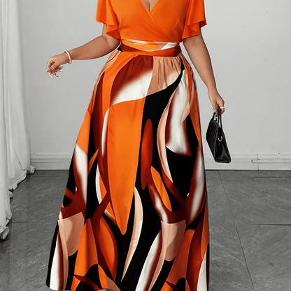 Elegant Orange Abstract Print Maxi Dress for Women with V Neck Flutter Sleeve Cutout Waist Flowing Style