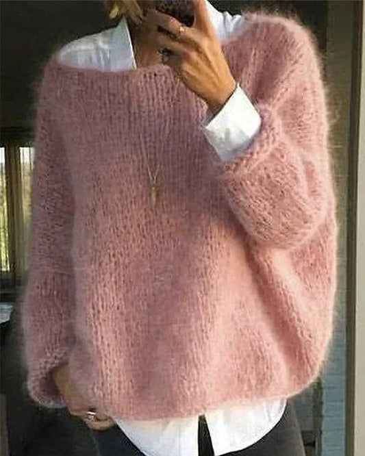 Comfortable Mohair Knit Sweater for Women with Boat Neck Long Sleeve Relaxed Oversized Style