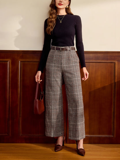 Women'S Elegant Plaid Button Loose Straight Long Pants for Autumn And Winter