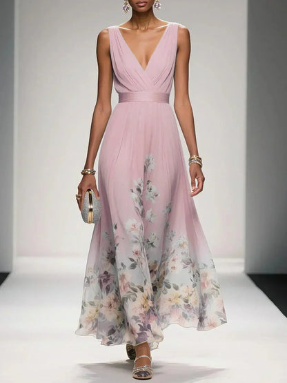 Elegant Floral Maxi Dress for Women with Deep V-Neck Sleeveless Formal Wedding Guest Style