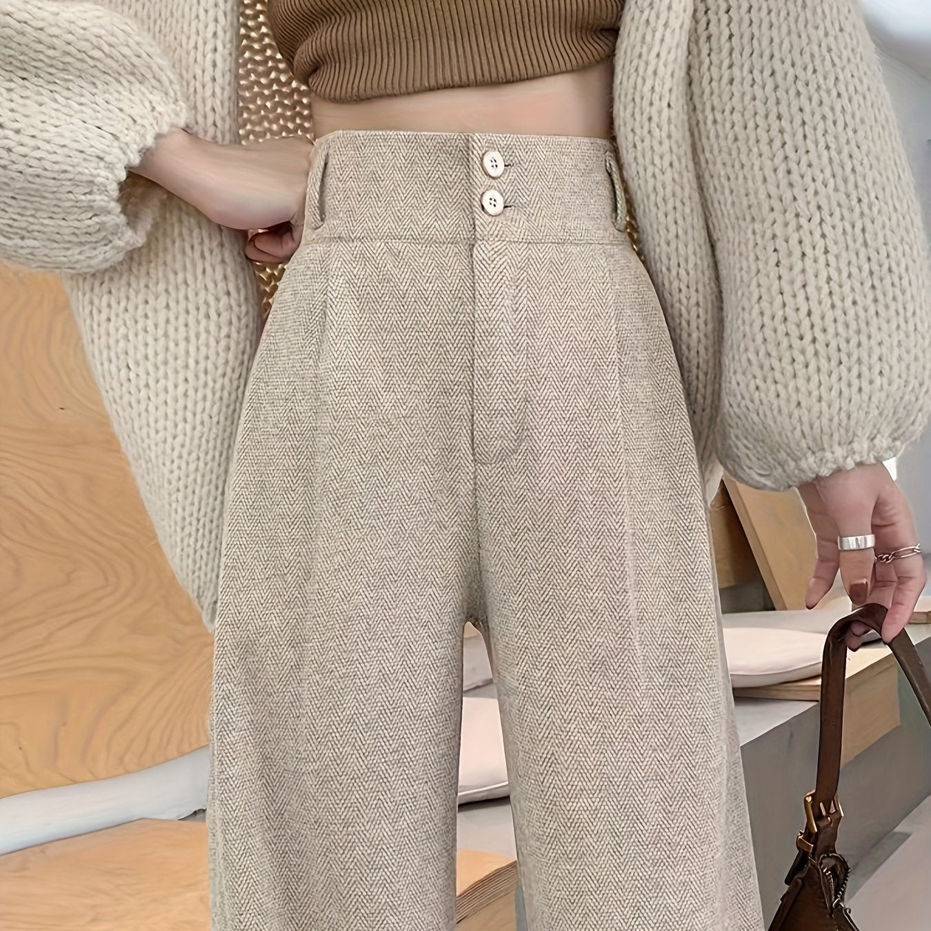 Women's Simple Commuter Straight-Leg Loose Elastic Pants, Draping Tweed Wide-Leg Trousers, Autumn-Winter Women's Clothing, Elegant Casual Long Pants, High-Waisted Suit Pants