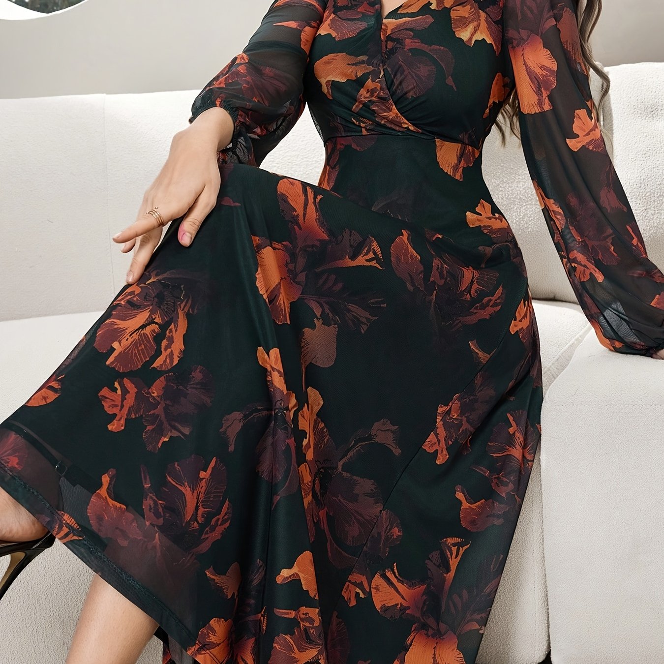 Women's Lace Dress WJ435, Elegant Floral Cinched Waist Long Dress, Deep V-Neck, Business Party, Spring/Autumn, Yellow Black Print Lace
