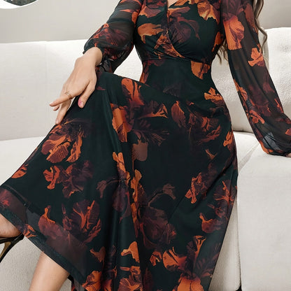 Women's Lace Dress WJ435, Elegant Floral Cinched Waist Long Dress, Deep V-Neck, Business Party, Spring/Autumn, Yellow Black Print Lace