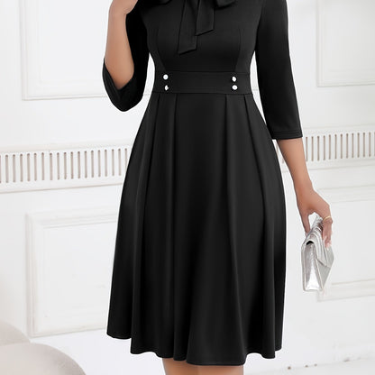 Spring/Autumn Women's Dress with Tie Waist, Elegant and Sophisticated, Business Workplace, Tie-Neck Navy Blue Midi Dress HRYY116