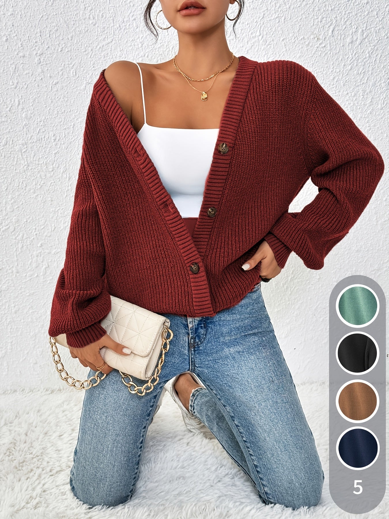 Self-designed Elegant Women's Solid Color Front-button Cardigan Sweater Coat for Spring and Autumn
