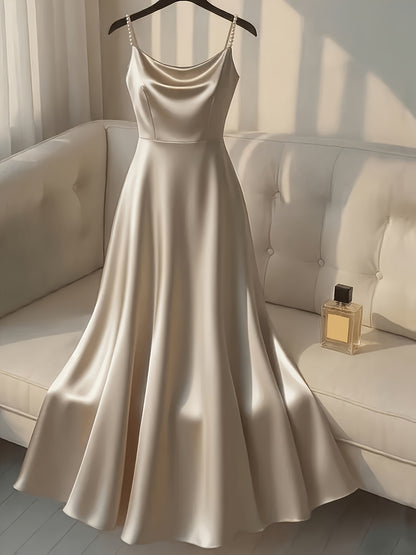 [Pearl Strap] Satin Cami Retro Dress, Suitable for Parties, Weddings, Dates, And Commuting, Luxurious Dress