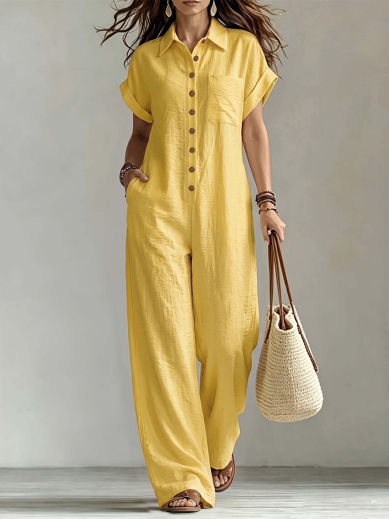 Women's Summer Short Sleeve Jumpsuit/Collared Single-Row Button Loose Straight Style/Casual Cargo Overalls/Loose Straight Drape Long Pants/Daily Commute Casual All-Match Fashion Comfortable