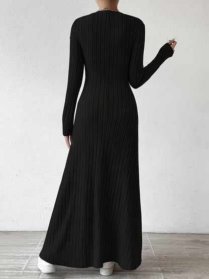 Women's Elegant V-Neck Long Sleeve A-Line Dress - Solid Color Machine Washable Fall Dress with Flattering Silhouette, Versatile for Casual & Formal Occasions, Long Sleeve Maxi Dress, Comfortable Fit