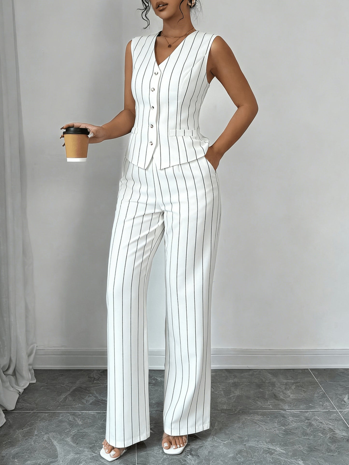 Vertical Stripe Design Set: V-neck Sleeveless Vest with Pockets + High-waist Wide-leg Pants. A Professional and 2pcs Set for Women, Suitable for Both Work and Casual Daily Wear.