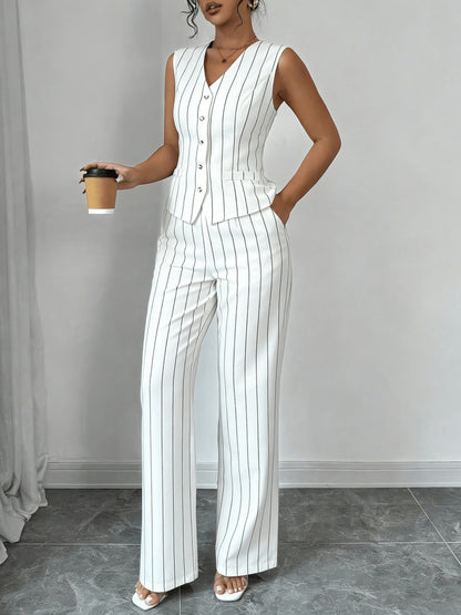 Vertical Stripe Design Set: V-neck Sleeveless Vest with Pockets + High-waist Wide-leg Pants. A Professional and 2pcs Set for Women, Suitable for Both Work and Casual Daily Wear.
