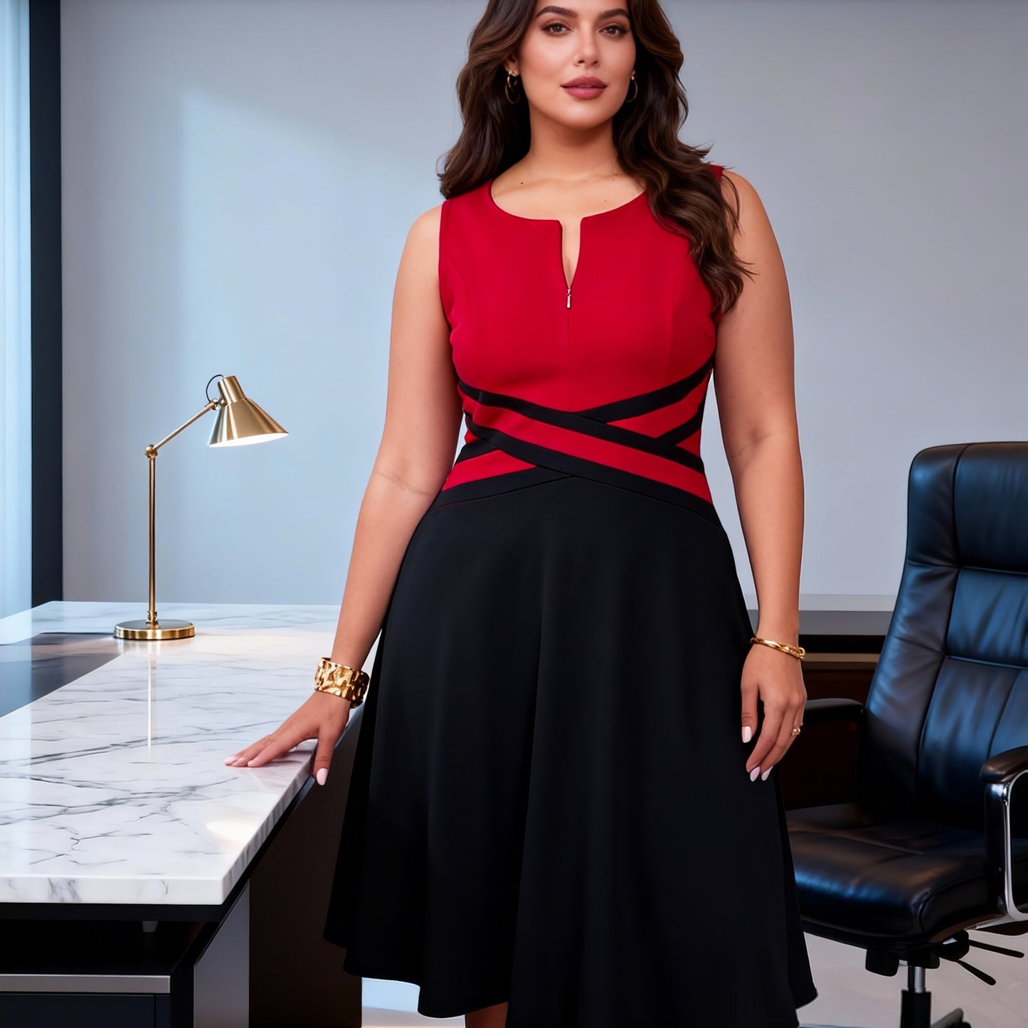 Elegant Red Colorblock Midi Dress for Women with Notch Neck Sleeveless Crisscross Waist Fit and Flare Style