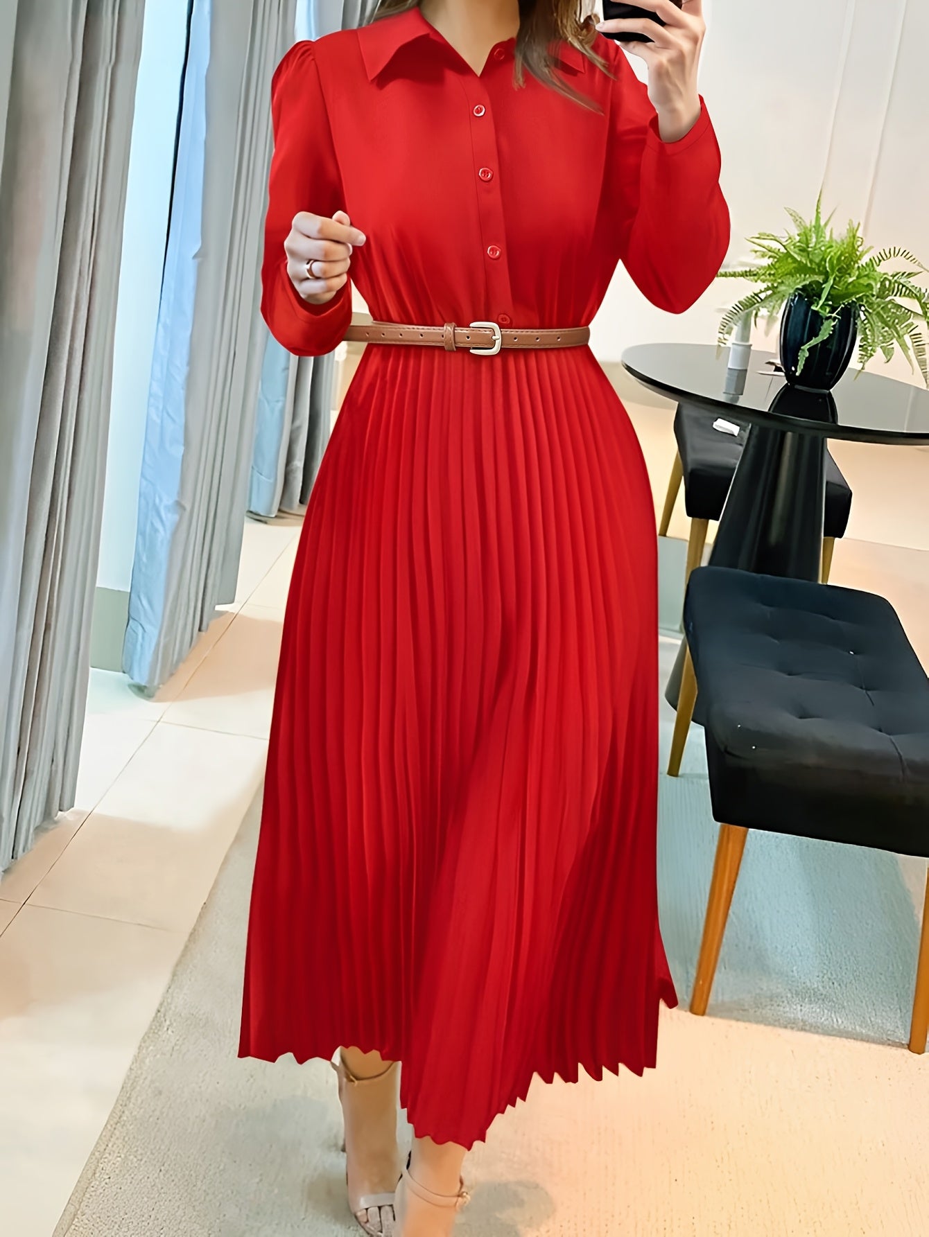 Spring/Autumn Long Sleeve Lapel Elegant Fashion Versatile Ruched Dress with Belt, Women'S