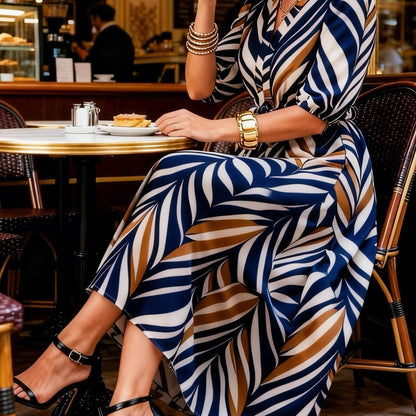 Women's Elegant Long Dress with Belt, V-Neck Leaf Patterned Brown Striped Black and White, Suitable for Festive Occasions Like New Year, Valentine's Day, Plus Size