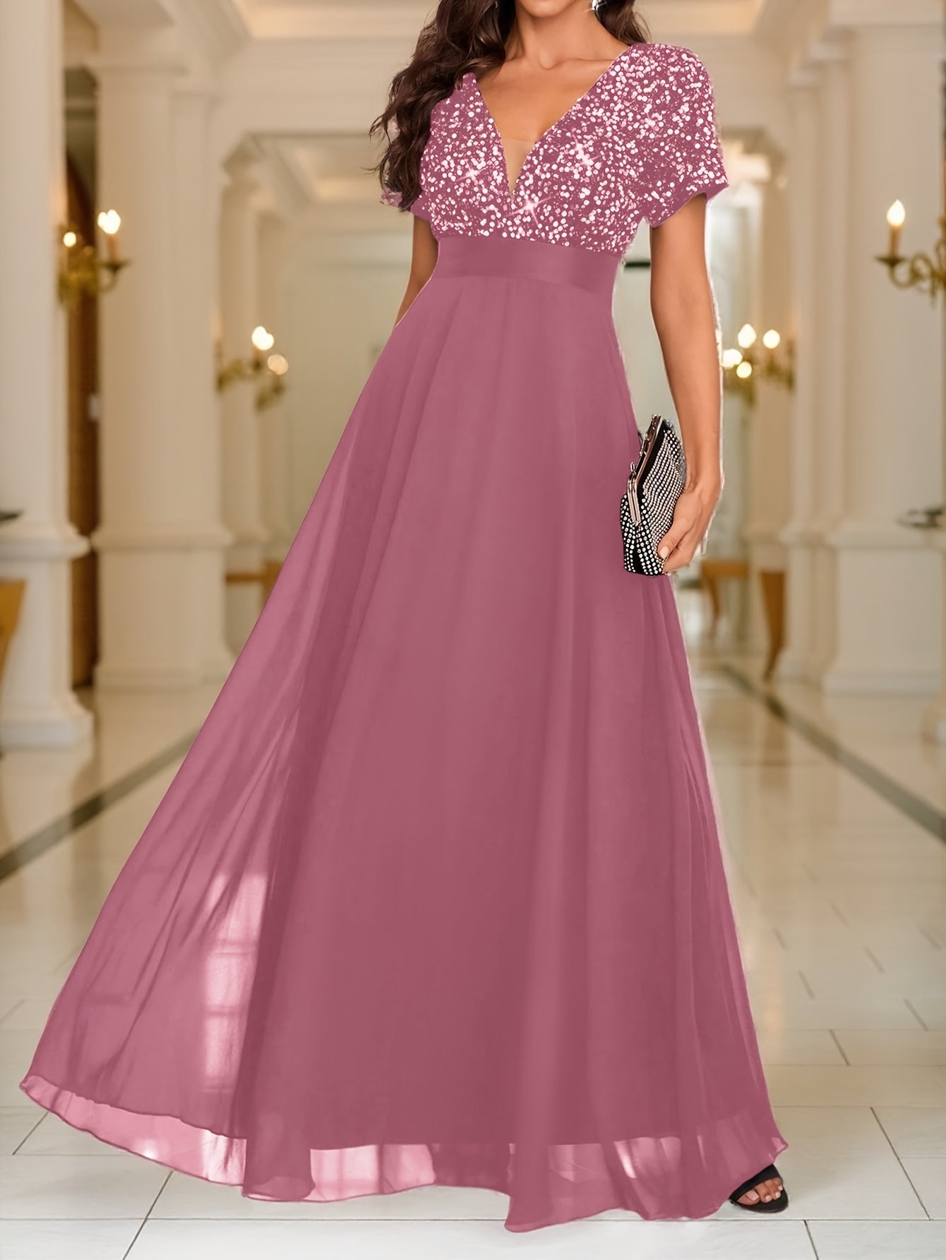 Sequin Spliced Formal Dress Elegant Prom Wedding Guest Gown, Contrast Sequin Chiffon Formal Dress, V-Neck Short Sleeve Sequin Patchwork Slim Fit Long Dress for Graduation Dress, Bride Dress, Birthday Women Outfits, Party Dress, Evening